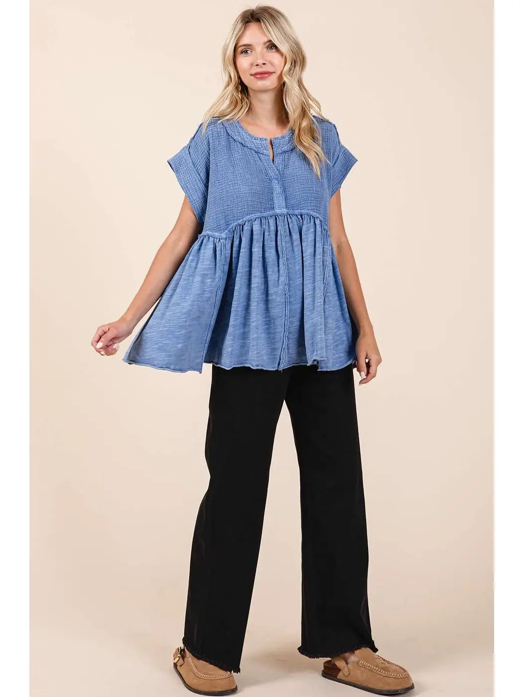 Mineral Wash Babydoll Short Sleeve Top