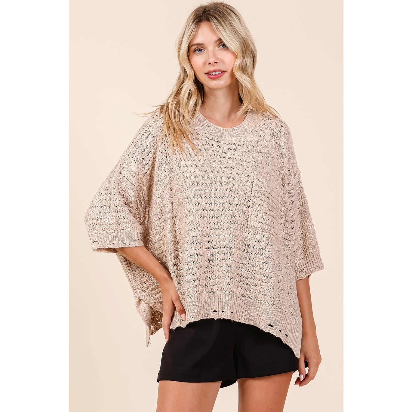 Distressed Hem Short Sleeve Loose Sweater Knit Top