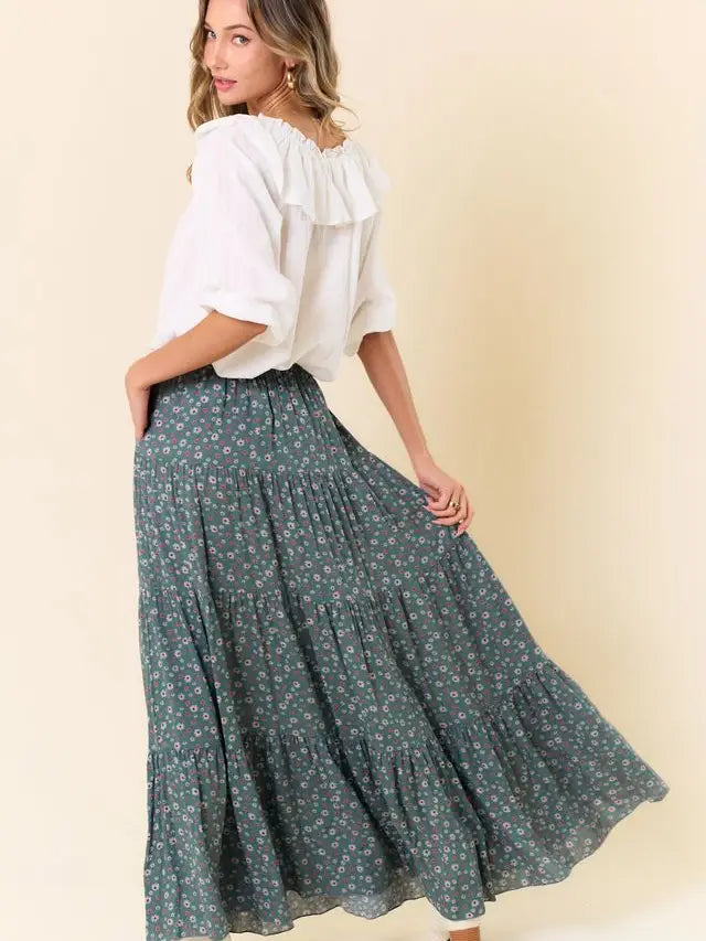 Agave Paisley Print Tiered Maxi Skirt