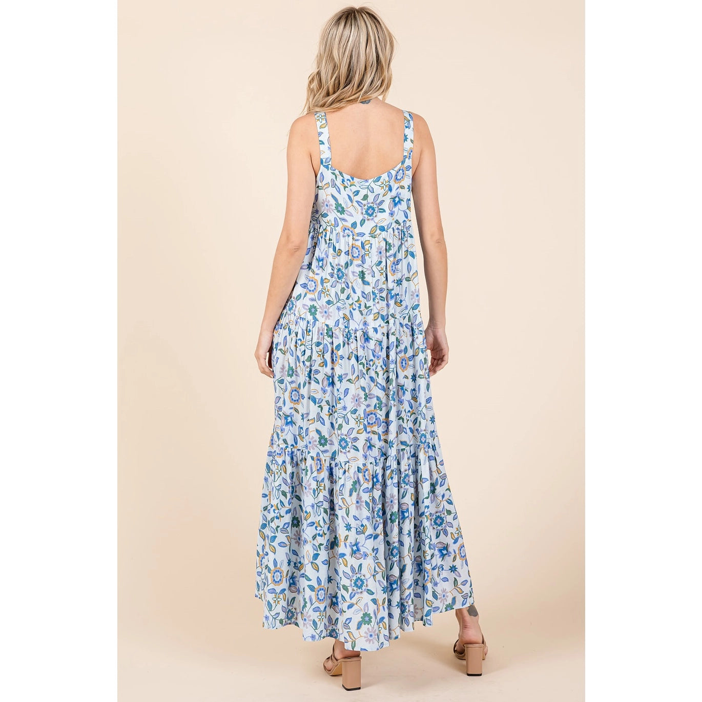 Flower Print Tiered Sleeveless Empire Maxi Dress