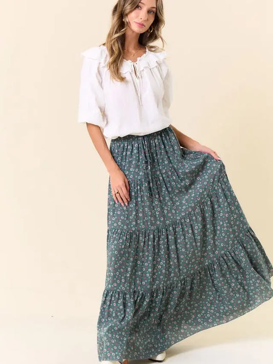 Agave Paisley Print Tiered Maxi Skirt