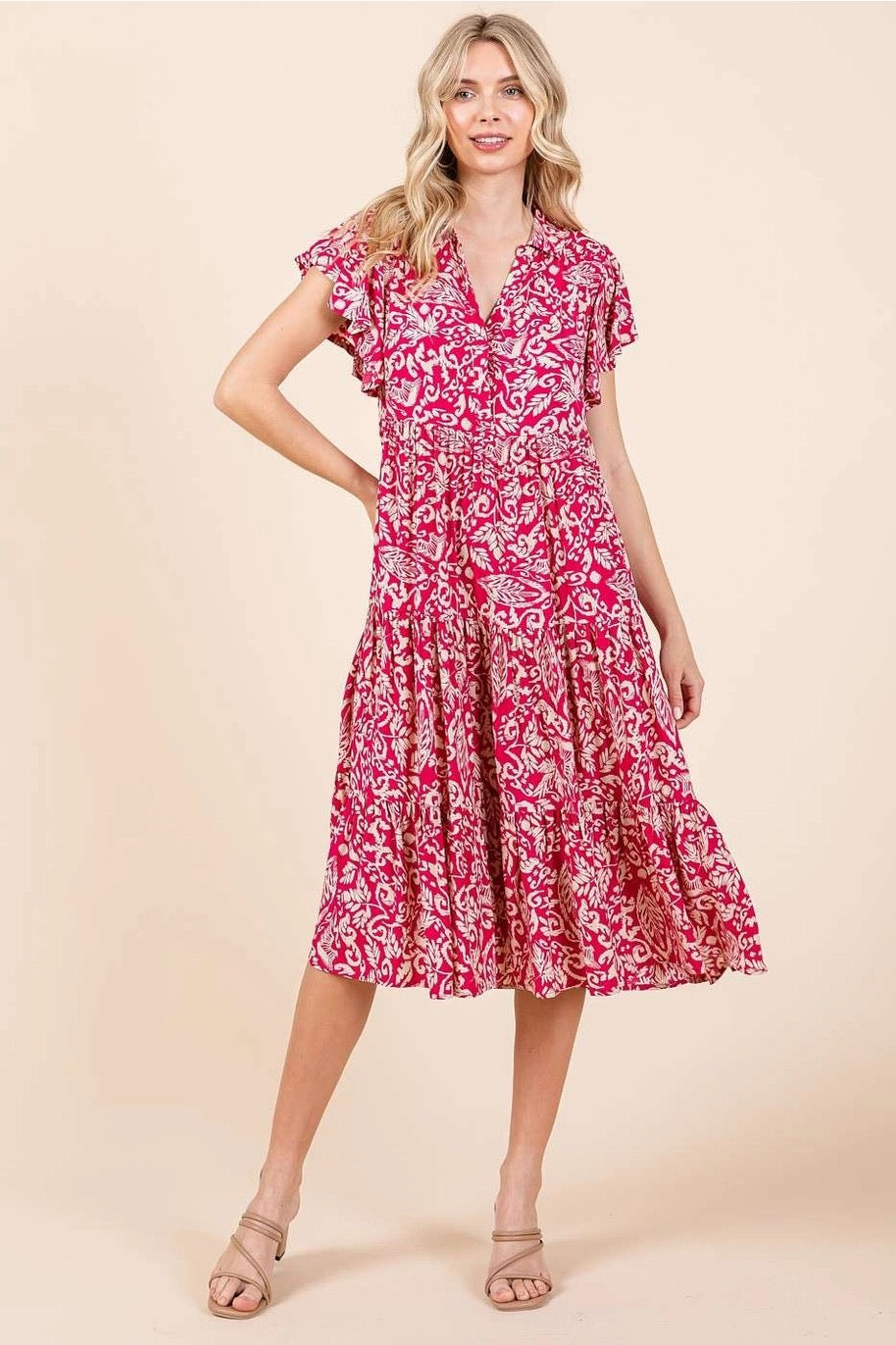 Abstract Print Ruffle Midi Dress {Fuchsia}