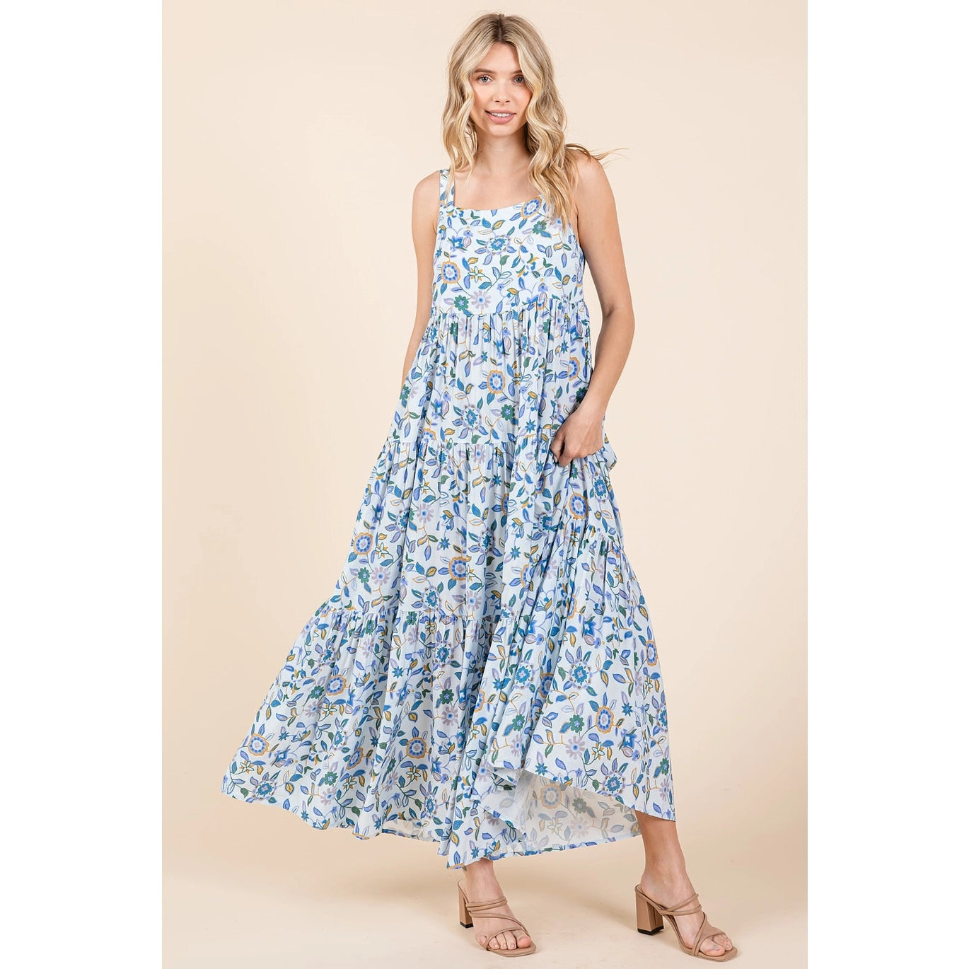 Flower Print Tiered Sleeveless Empire Maxi Dress