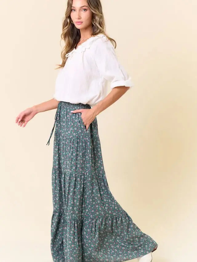 Agave Paisley Print Tiered Maxi Skirt