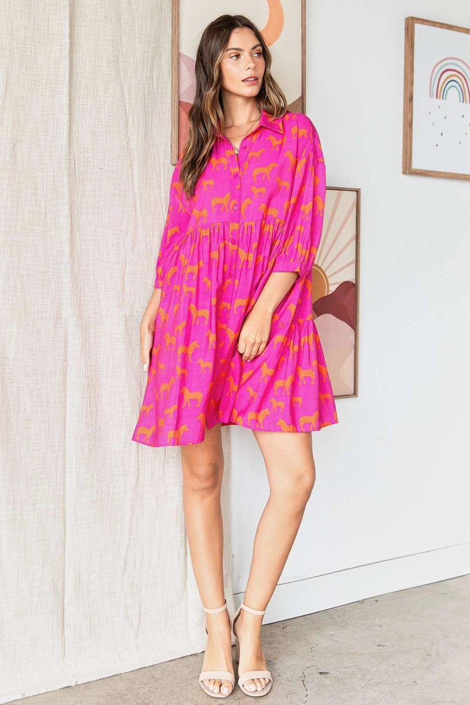 Zebra Print Button Down Shirt Mini Dress